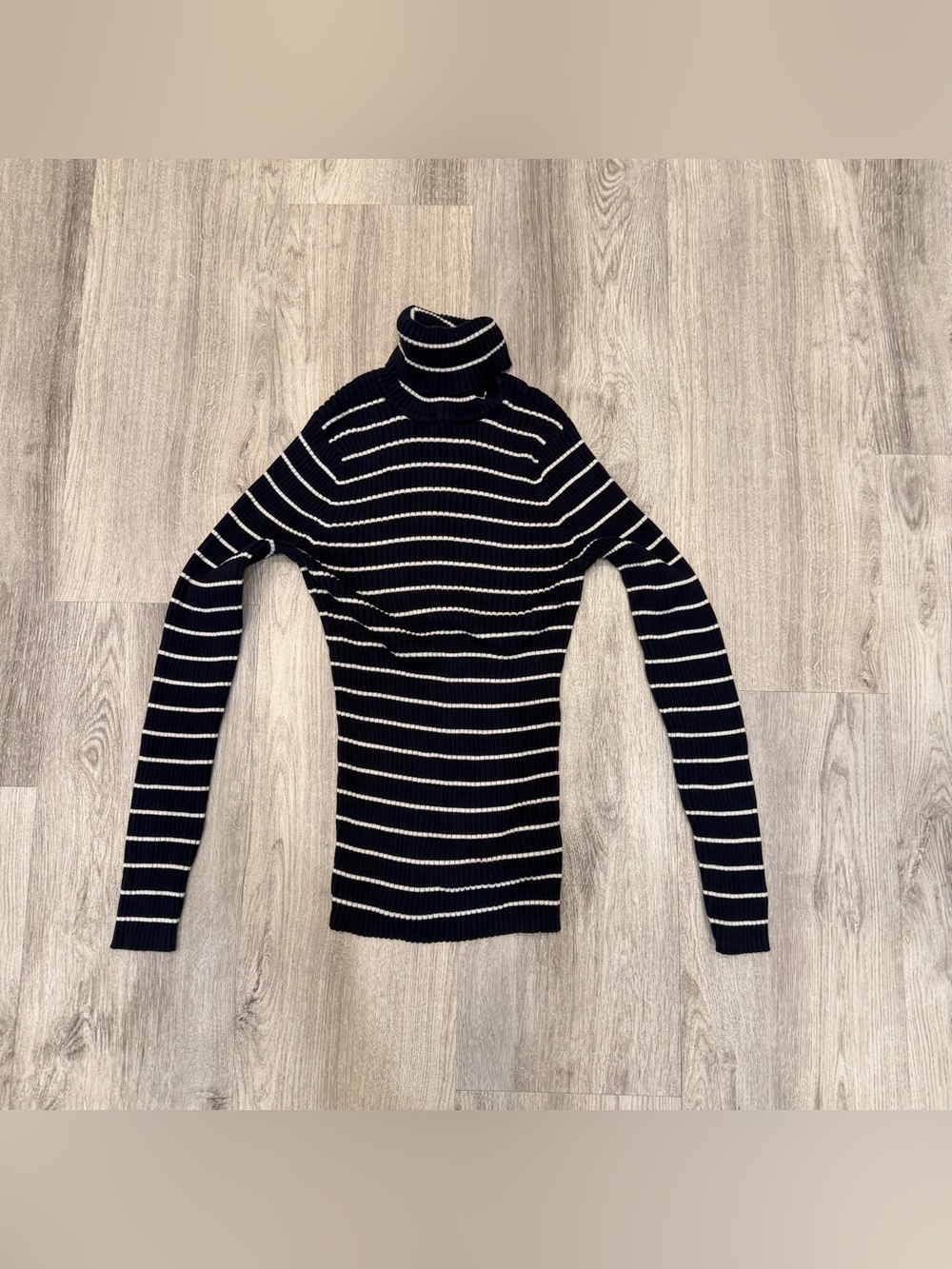 L.L.Bean 100% Cotton Blue White Striped Ribbed Turtleneck Sweater Small
